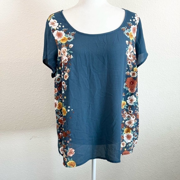 torrid Tops - Torrid Dark Teal Floral Print Knit to Woven Relaxed Fit Top Women's 00 Casual